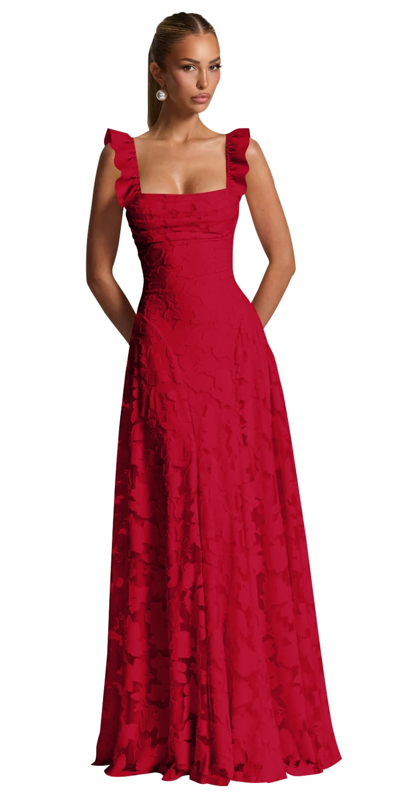 Ruched Jacquard Prom Dresses for Women Teens Ruffle Strap Floral Maxi Formal Dress Evening Gown