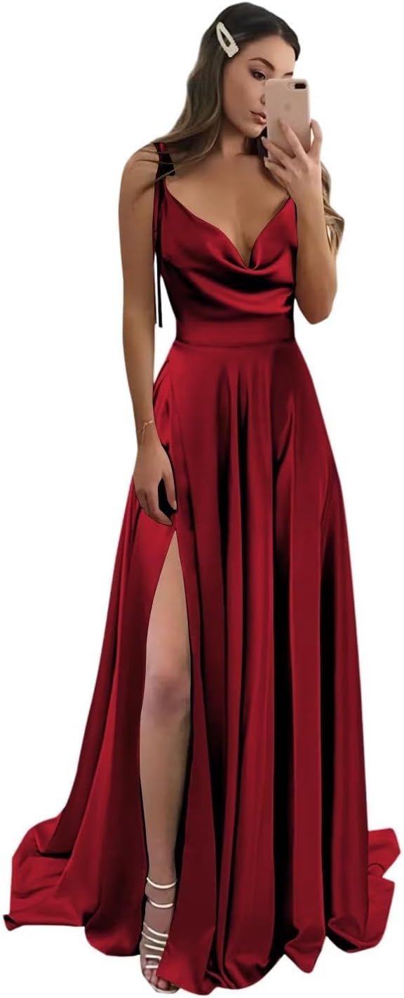 Vestidos de fiesta largos de satén con abertura alta para mujer, 2024, tirantes finos ajustables, vestidos de fiesta formales con bolsillos 