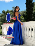 Strapless Prom Dress with Slit Satin A Line Long Ball Gowns for Women Sweetheart Corset Formal Dress with Pockets