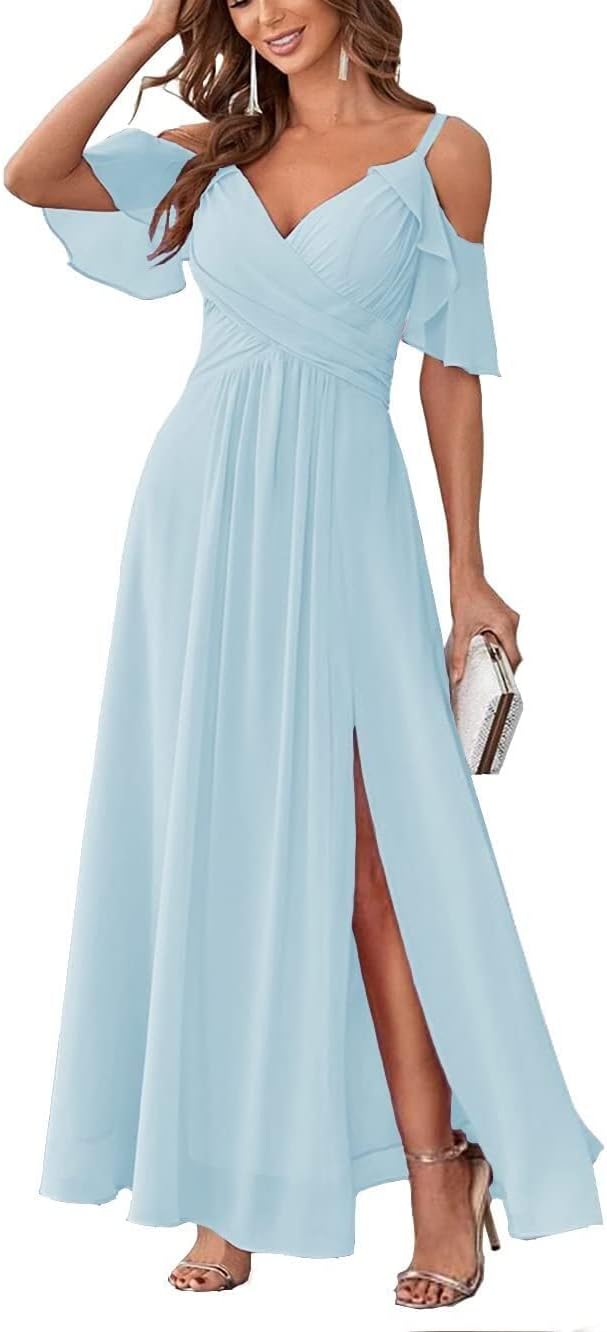 Women's Cold Shoulder Bridesmaid Dresses Long Summer Side Slit Chiffon Formal Evening Gown with Pockets