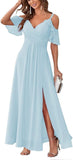 Women's Cold Shoulder Bridesmaid Dresses Long Summer Side Slit Chiffon Formal Evening Gown with Pockets