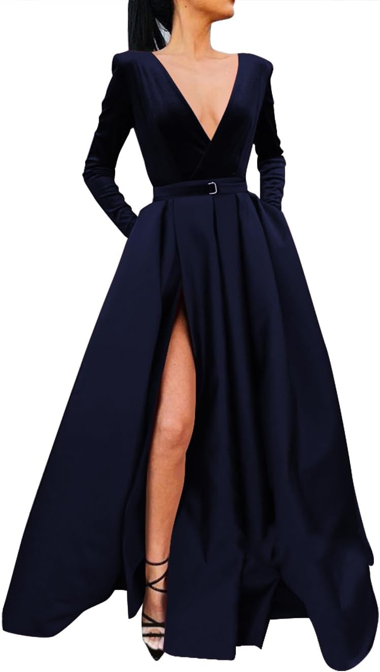 Vestido de fiesta de satén con lentejuelas brillantes para mujer, con bolsillos, manga larga y abertura. 