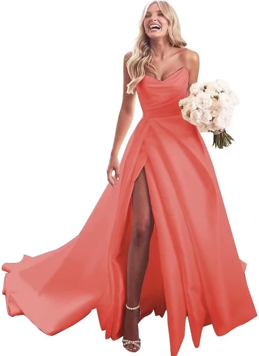 Trägerloses Ballkleid, langes Ballkleid, Satin-Brautkleid für die Braut, A-Linie, formelle Abendkleider mit Schlitz 