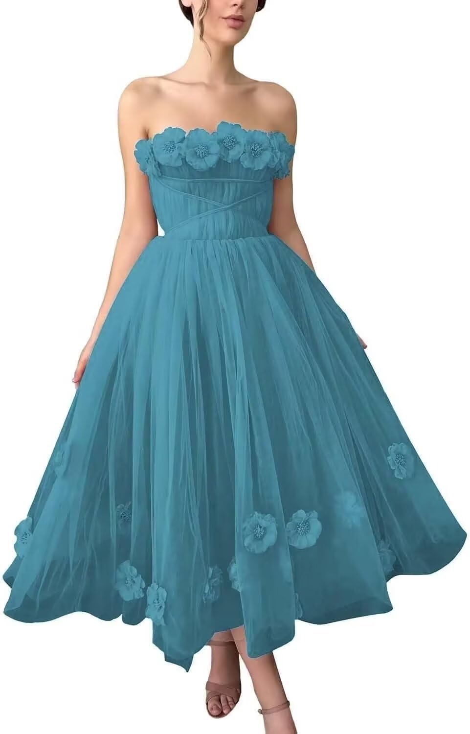 Women's 3D Flower Off Shoulder Tea Length Whimsical Prom Dress, A Line Strapless Tulle Formal Evening Party Gown