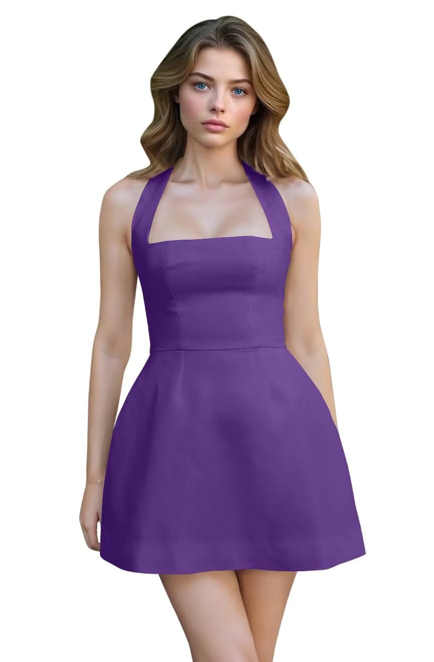 Satin Halter Homecoming Dresses for Teens Short Prom Dress 2027 Mini Formal Evening Cocktail Gowns with Pockets