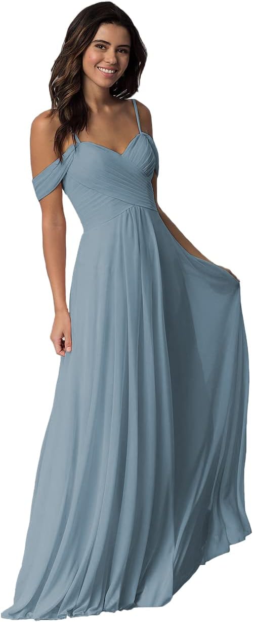 Schulterfreies Chiffon-Brautjungfernkleid mit Taschen für die Hochzeit 
