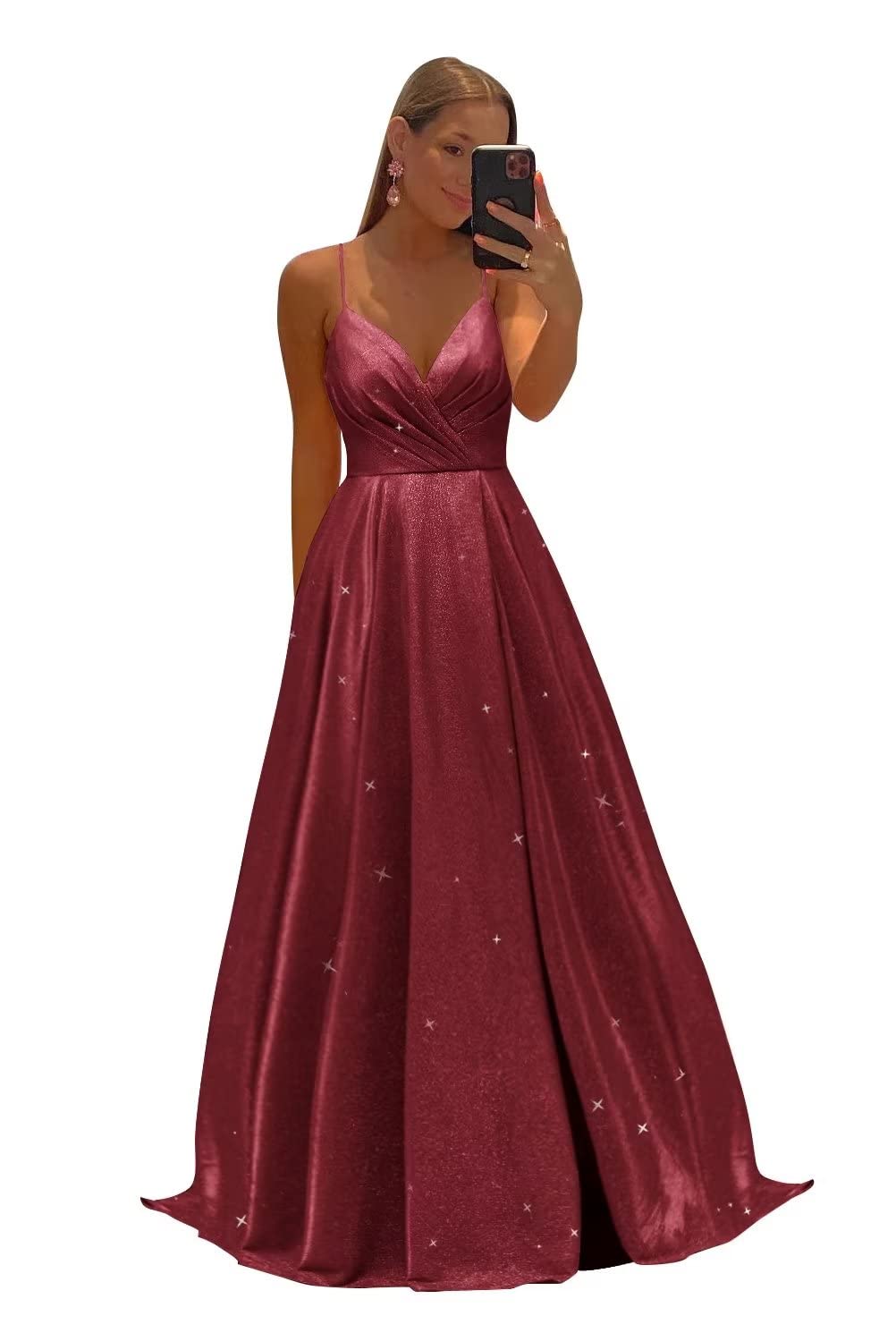 Women's Spaghetti Straps Prom Dresses Long V-Neck Sparkling Bridesmaid Dresses Formal Evening Gowns with High Slit