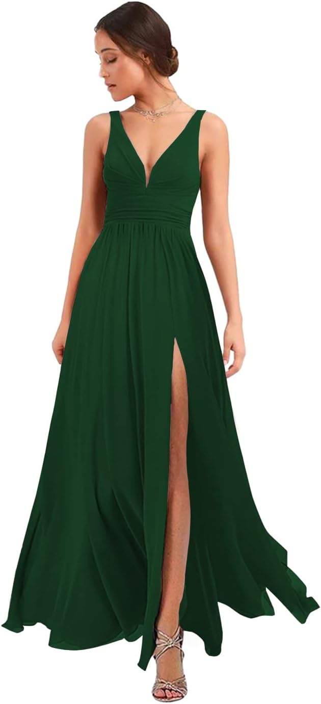Women's Deep V Neck Bridesmaid Dresses with Slit Chiffon Pleats A Line Formal Party Dresses with Pockets