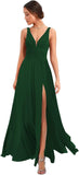Women's Deep V Neck Bridesmaid Dresses with Slit Chiffon Pleats A Line Formal Party Dresses with Pockets