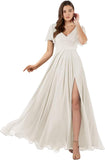 Damen Brautjungfernkleider mit Flatterärmeln, lang, mit Schlitz, V-Ausschnitt, Chiffon, formelle Kleider 