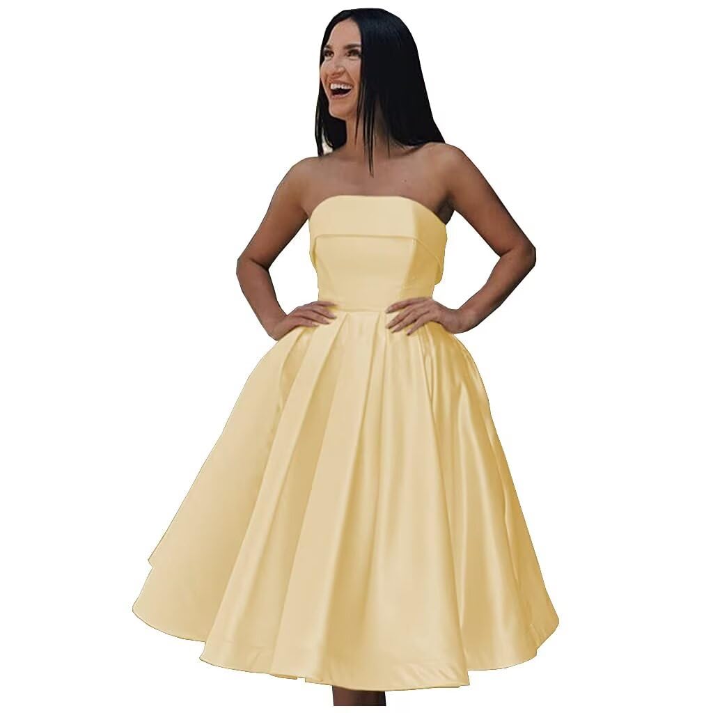 Tea Length Satin Cocktail Party Dresses for Women, Strapless Formal Evening Prom Gown Homecoming Graduation Dresses