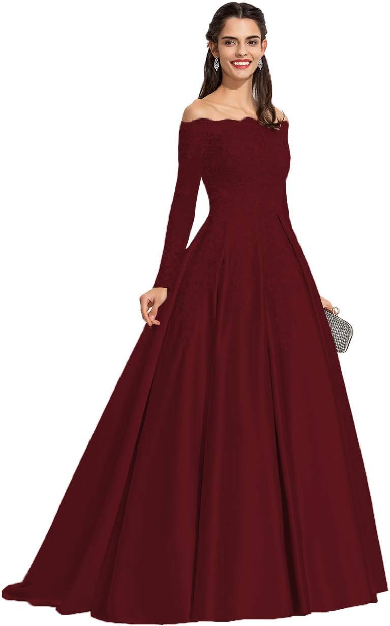 Vestidos de fiesta formales de satén con apliques de encaje y hombros descubiertos para mujer, con mangas largas
