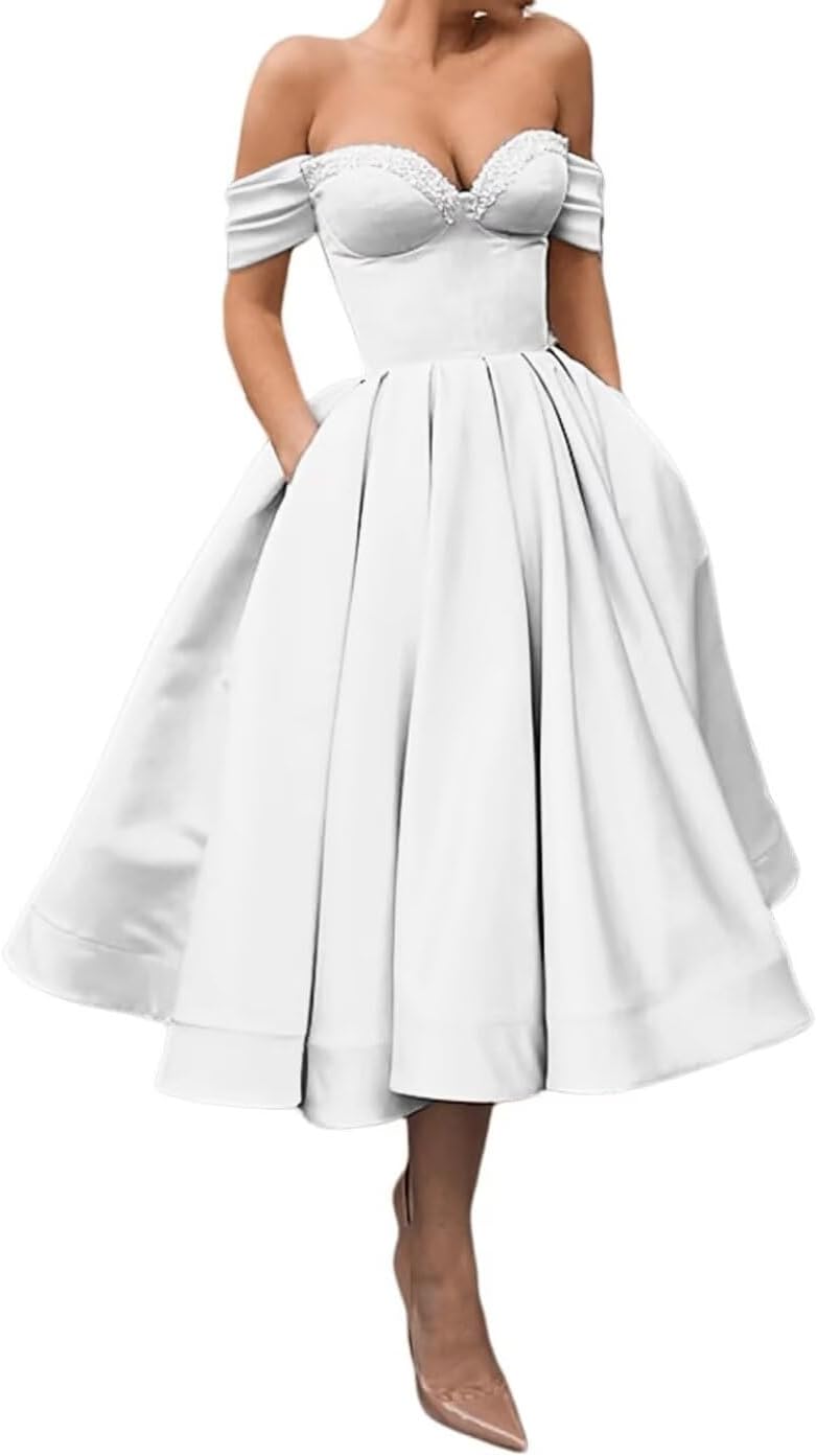 A Line Off Shoulder Prom Dresses for Women Satin Tea Length Cocktail Party Dresses with Pockets