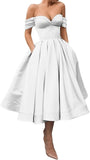 A Line Off Shoulder Prom Dresses for Women Satin Tea Length Cocktail Party Dresses with Pockets