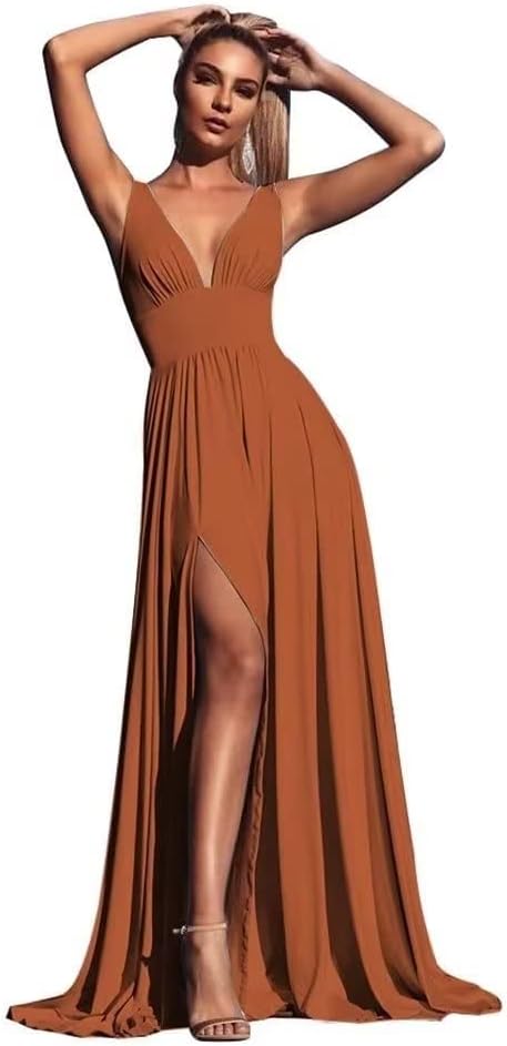 V Neck Satin Bridesmaid Dresses for Wedding Split Prom Dresses Long A Line Formal Dresses for Women