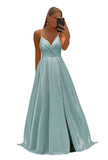Women's Spaghetti Straps Prom Dresses Long V-Neck Sparkling Bridesmaid Dresses Formal Evening Gowns with High Slit
