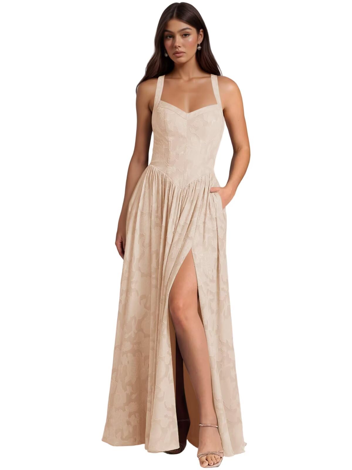 Jacquard Floral Lace Wedding Guest Dress Long Slit A Line Bridesmaid Dresses with Pockets Formal Gown