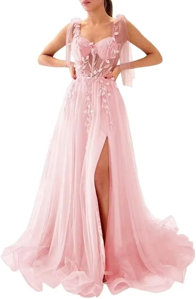 Appliques Tulle Lace Prom Dresses with Slit Spaghetti Straps Formal Evening Dress Sweetheart Ball Gowns
