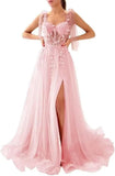 Appliques Tulle Lace Prom Dresses with Slit Spaghetti Straps Formal Evening Dress Sweetheart Ball Gowns