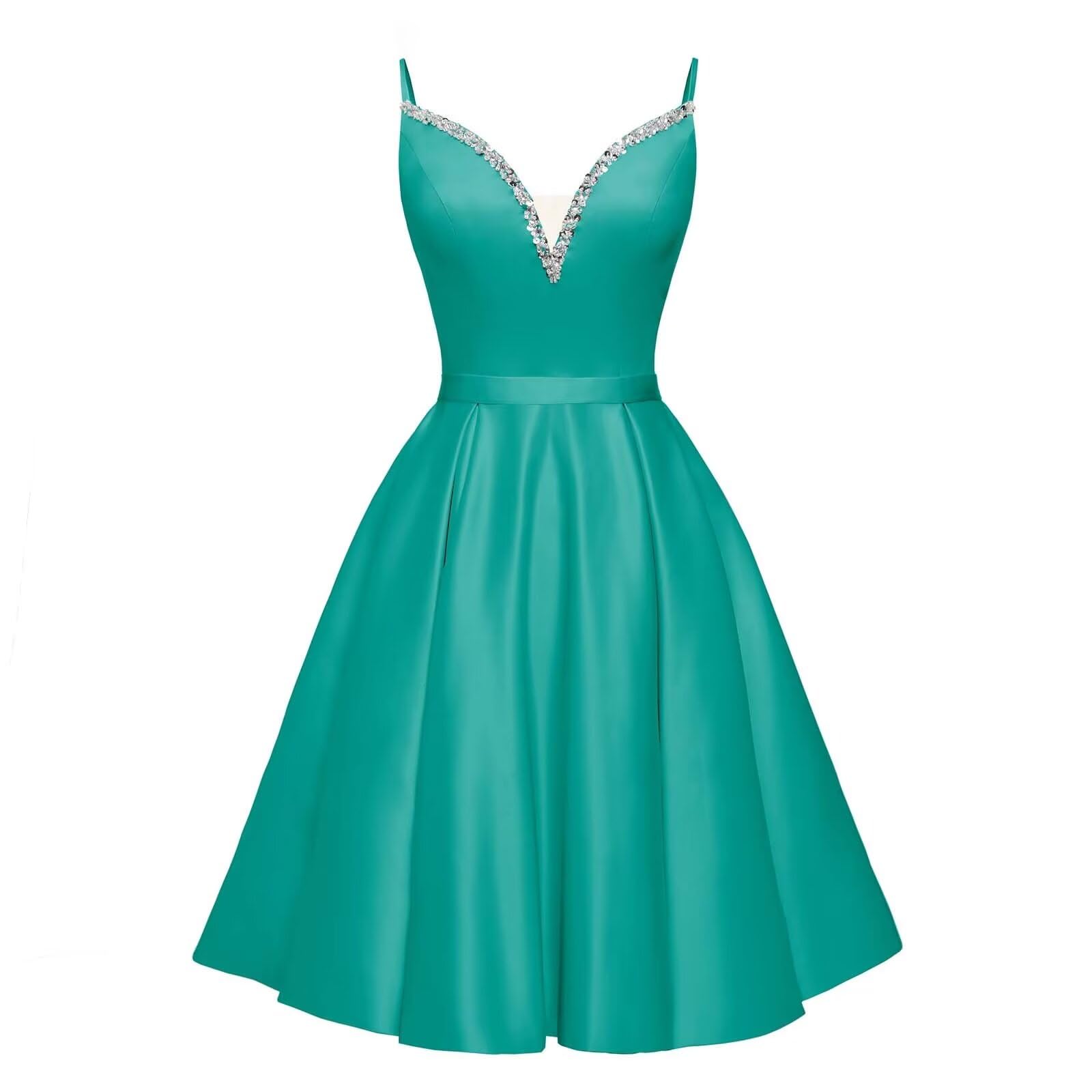 Spaghetti Straps Satin Homecoming Dresses for Teens V-Neck Short Prom Dress A-Line Beaded Cocktail Party Gowns