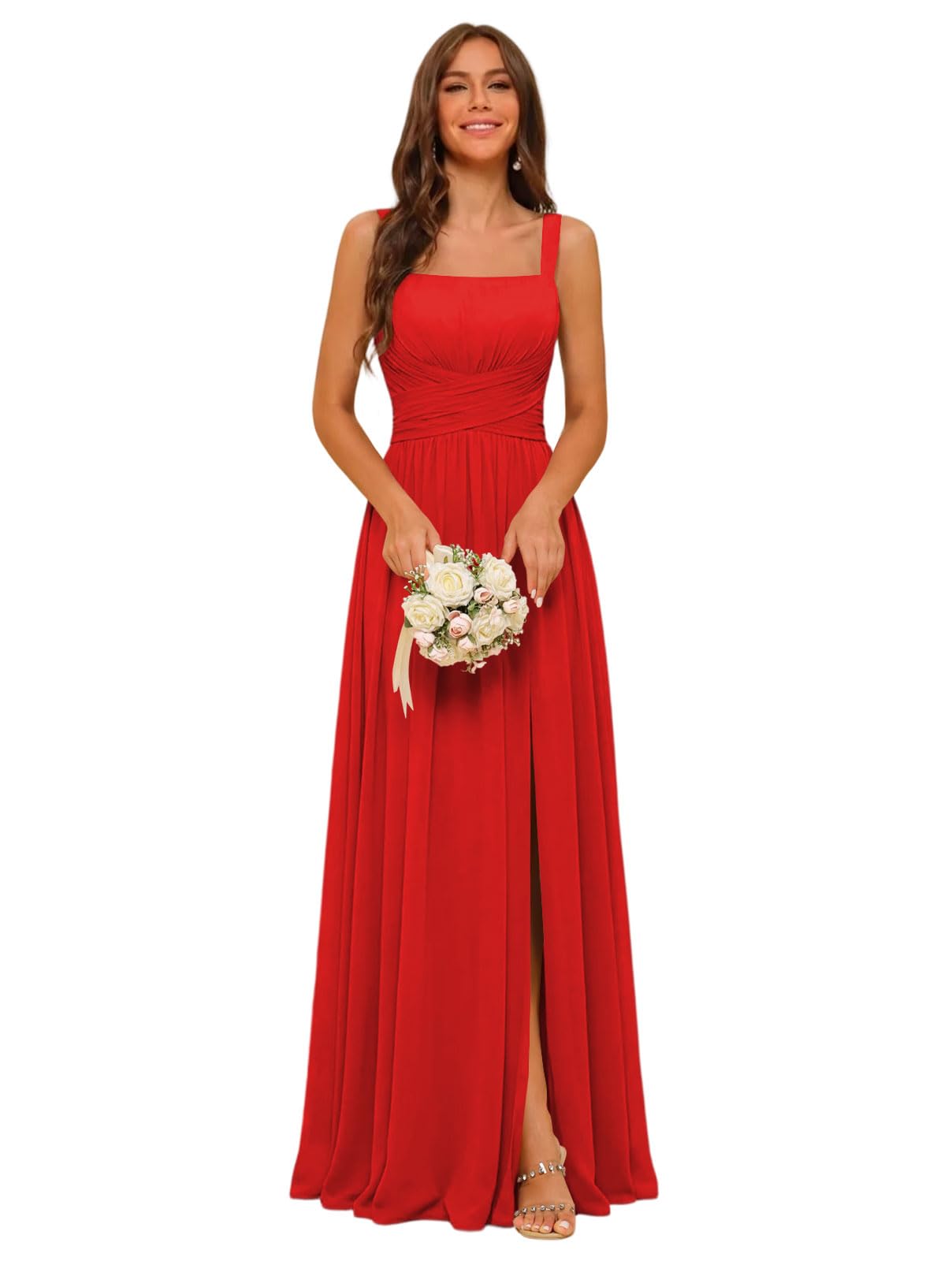 Square Neck Bridesmaid Dress Spaghetti Straps Chiffon Long Formal Dress for Women