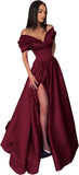 Women’s Off The Shoulder Prom Dresses with Slit Satin Ruched Long Formal Evening Gowns