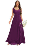 Chiffon Bridesmaid Dresses for Women Ruffles V Neck Flowy Long Formal Evening Dress with Bow