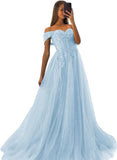Off The Shoulder Tulle Prom Dresses 2027 Lace Applique A Line Long Sparkly Formal Evening Party Gowns