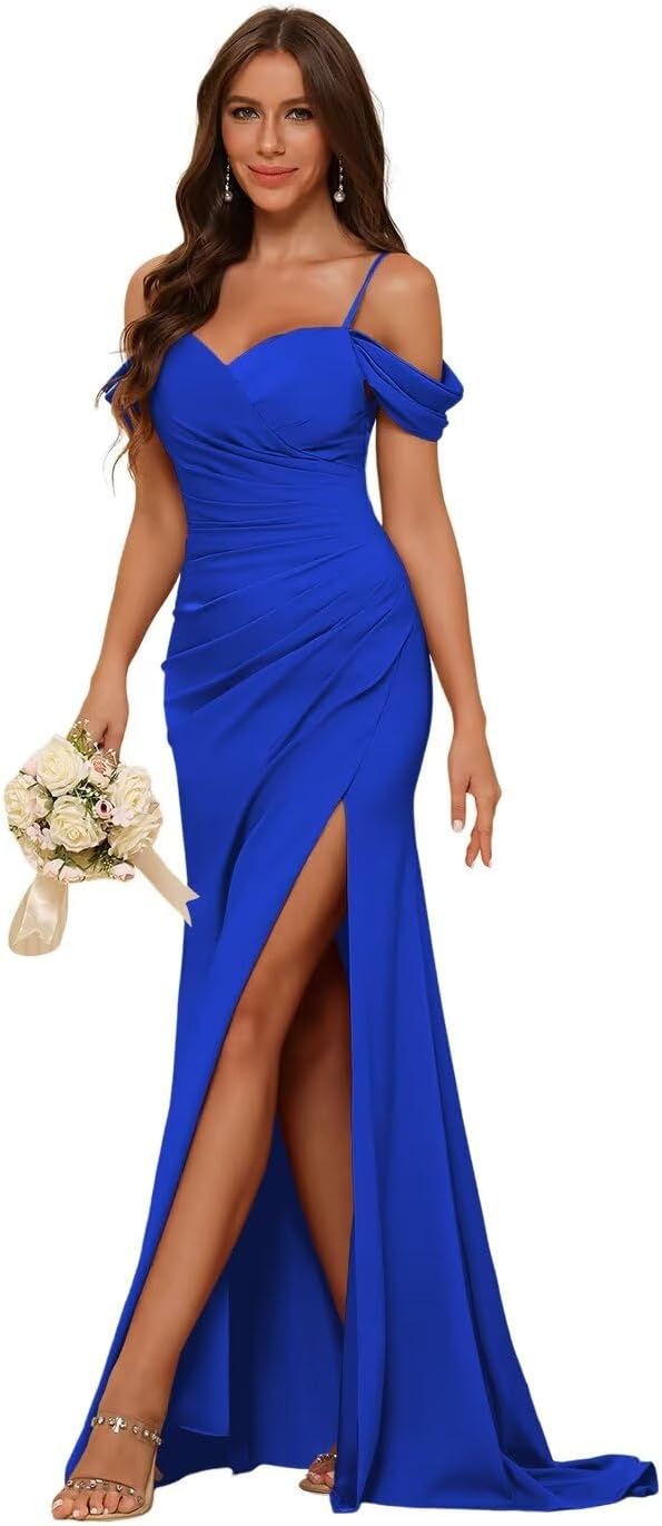Vestidos de dama de honor de satén con hombros descubiertos para mujer, vestidos formales largos de sirena fruncidos con abertura 