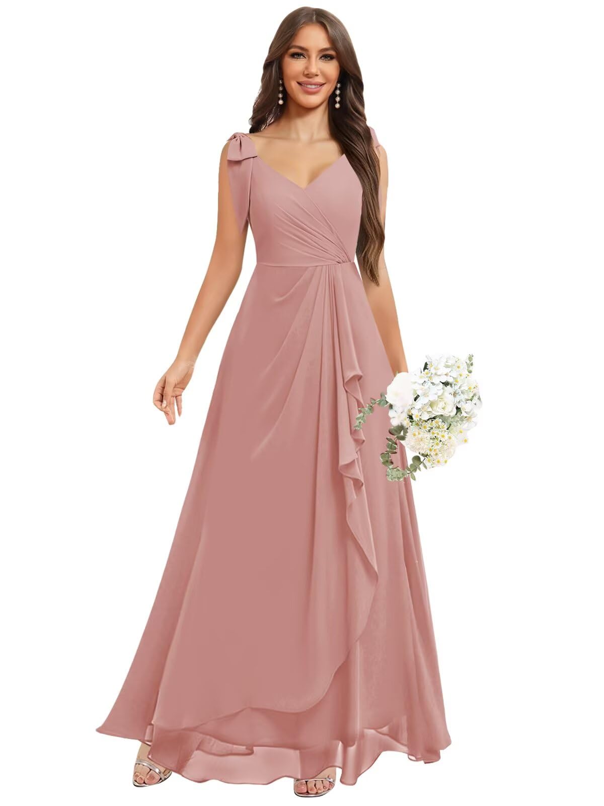 Chiffon Bridesmaid Dresses for Women Ruffles V Neck Flowy Long Formal Evening Dress with Bow