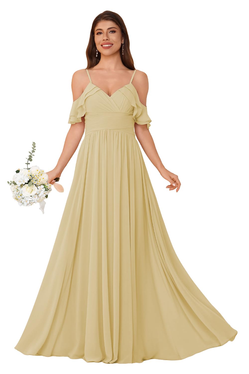 Women's Long Chiffon Bridesmaid Dresses Ruffle V Neck Formal Evening Prom Gown Spaghetti Strap Maxi Wedding Guest Dress