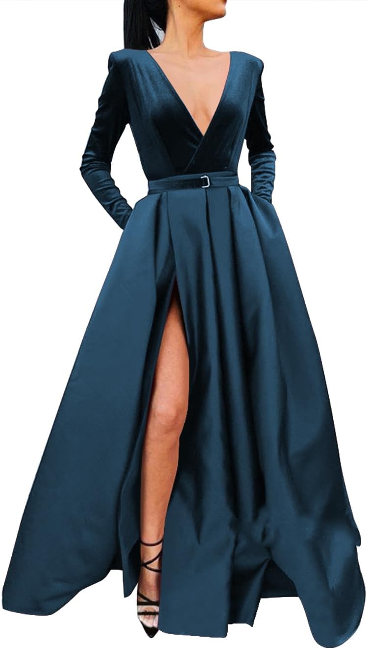 Vestido de fiesta de satén con lentejuelas brillantes para mujer, con bolsillos, manga larga y abertura. 