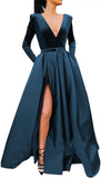 Vestido de fiesta de satén con lentejuelas brillantes para mujer, con bolsillos, manga larga y abertura. 