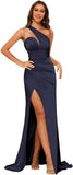 Women's One Shoulder Prom Dress 2025 Satin Long Ruched Mermaid Formal Dresses with Slit