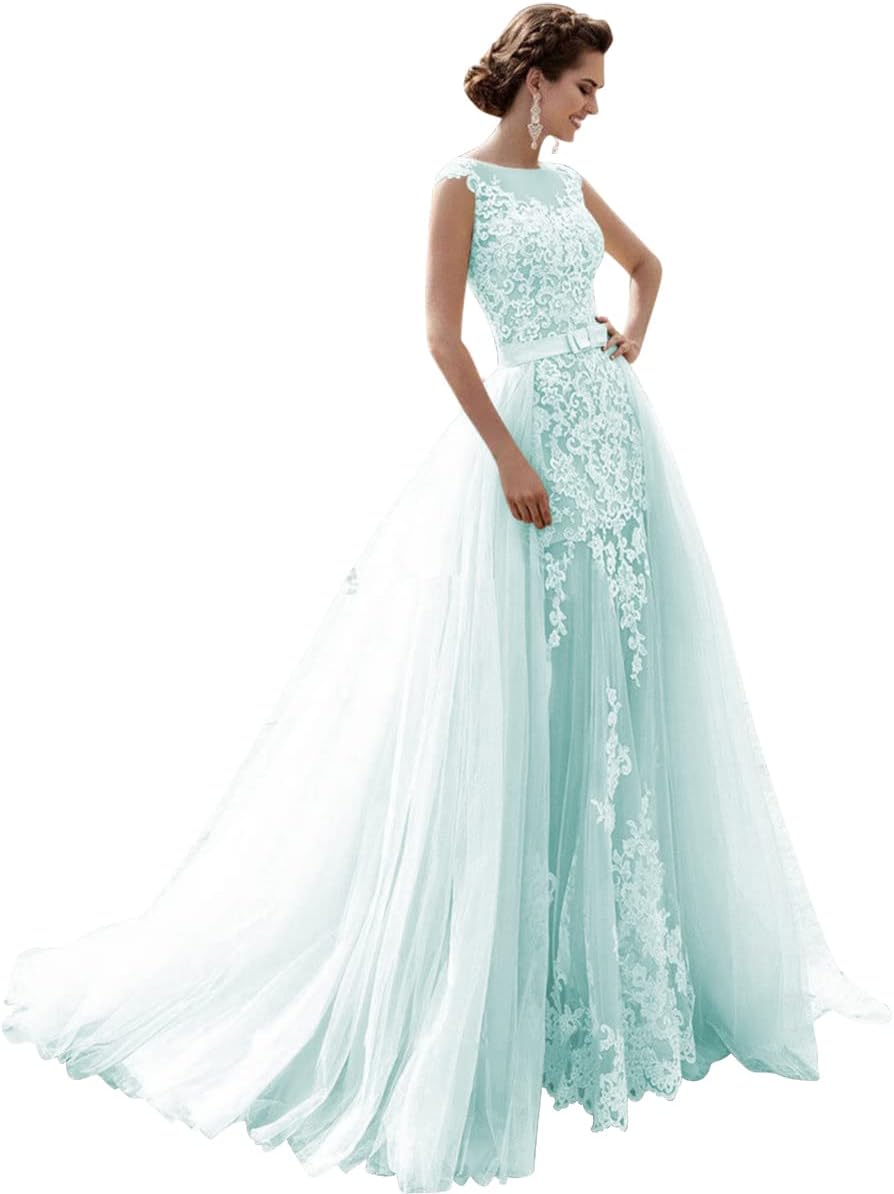 Mermaid Lace Cap Wedding Dress with Detachable Tulle Train for Bride Evening Prom Gown