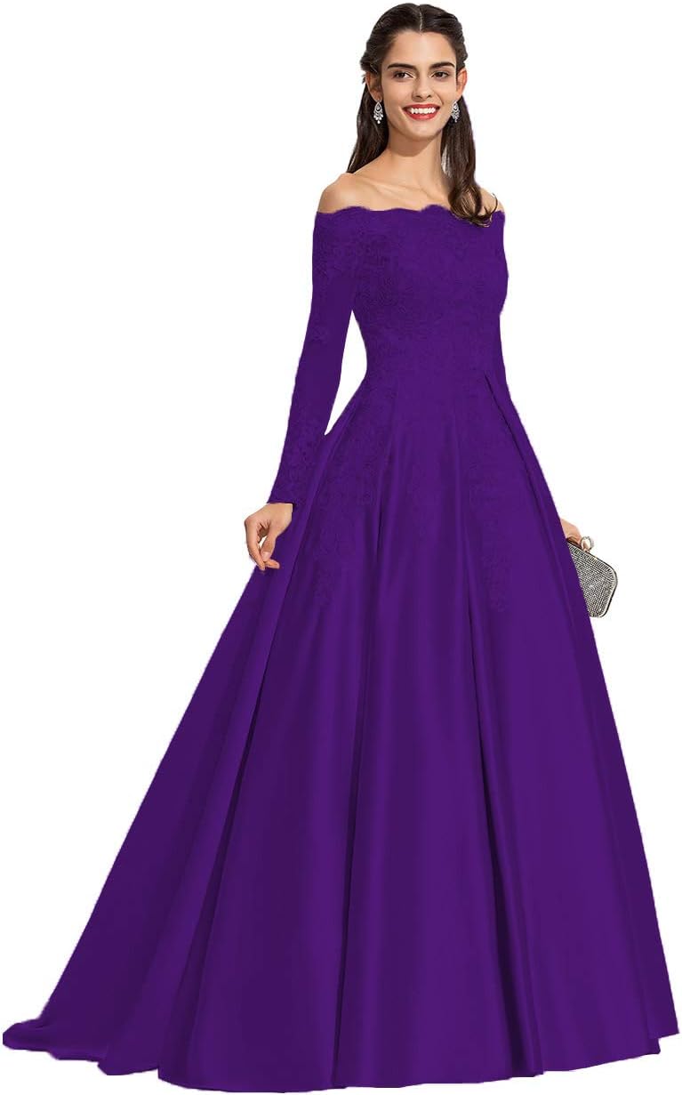 Vestidos de fiesta formales de satén con apliques de encaje y hombros descubiertos para mujer, con mangas largas