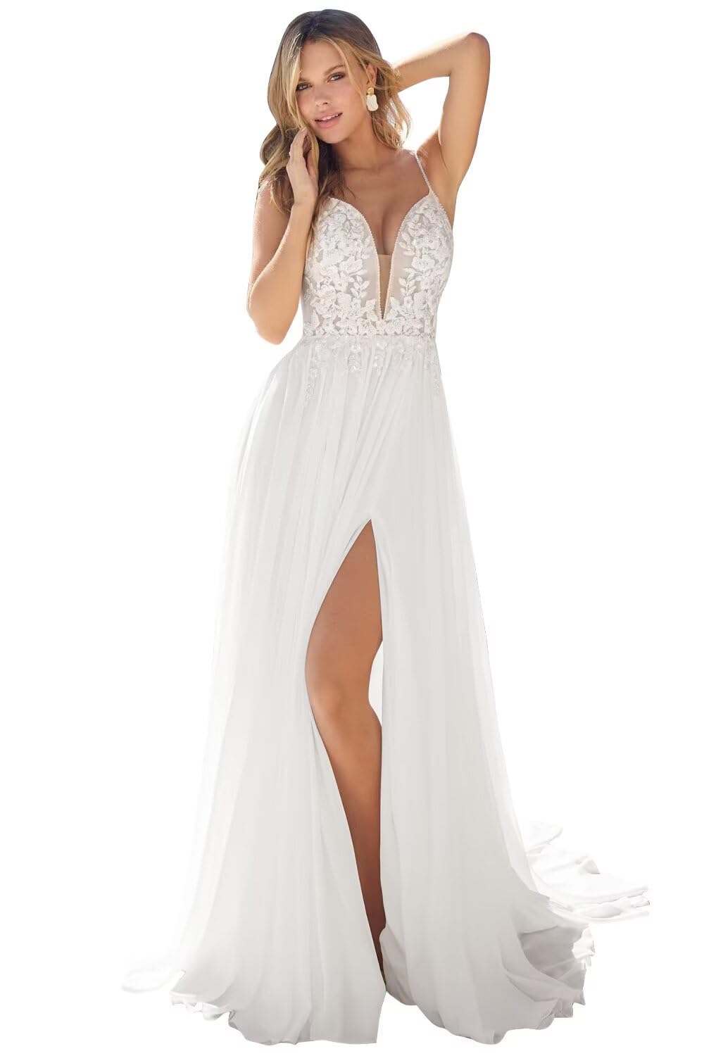 Kingbridal Gowns Lace Appliques Wedding Dresses for Bride Long V Neck Tulle Chiffon A-line Sleeveless Bridal Ball Gown for Women