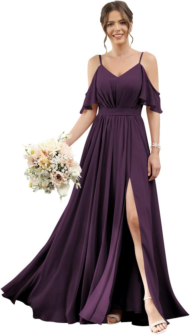 Women's Cold Shoulder Ruffle Sleeves Bridesmaid Dresses for Women 2025 Pleated Chiffon Formal Dresses with Slit