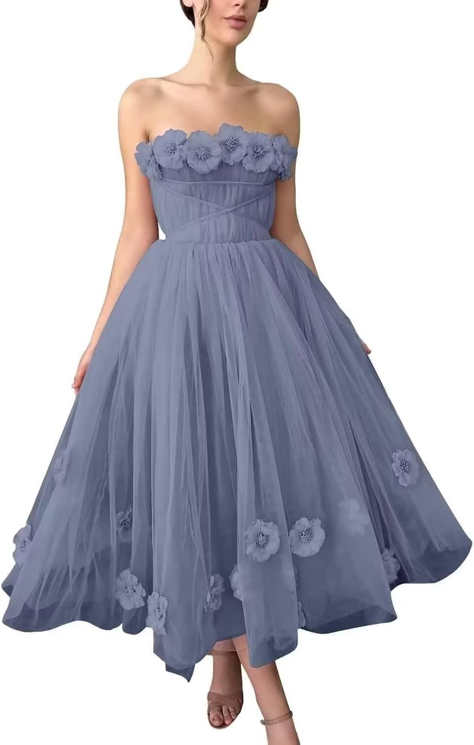 Women's 3D Flower Off Shoulder Tea Length Whimsical Prom Dress, A Line Strapless Tulle Formal Evening Party Gown