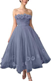 Women's 3D Flower Off Shoulder Tea Length Whimsical Prom Dress, A Line Strapless Tulle Formal Evening Party Gown