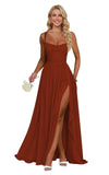 Ruffle Chiffon Bridesmaid Dress Long Square Neck Pleated Formal Gowns with Slit for Women Plus Size Spaghetti Straps Ruffles
