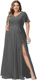 Plus Size Bridesmaid Dresses with Pockets V Neck Chiffon Flutter Sleeves Formal Evening Gowns with Slit