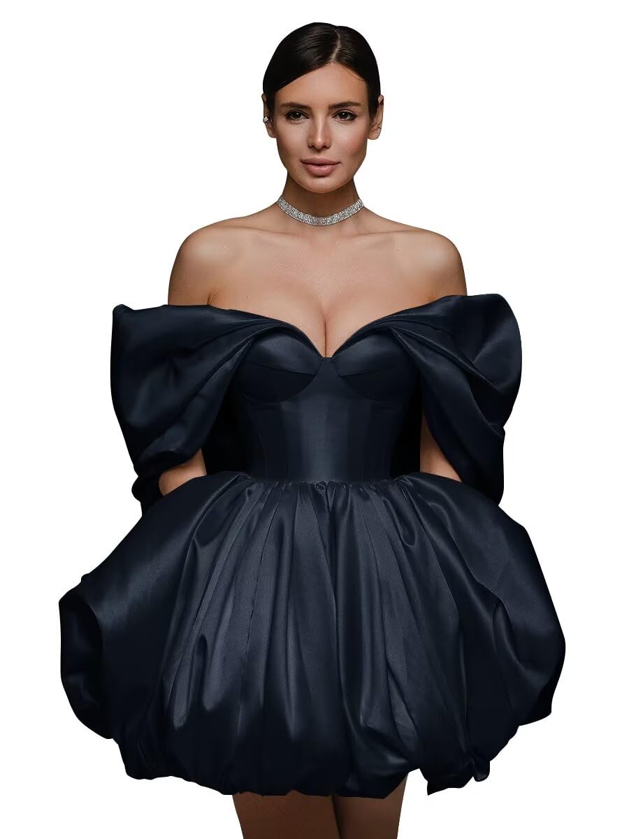 Off The Shoulder Short Wedding Dresses for Bride Puffy Satin Bridal Dresses w/Pockets Strapless Formal Ball Gowns