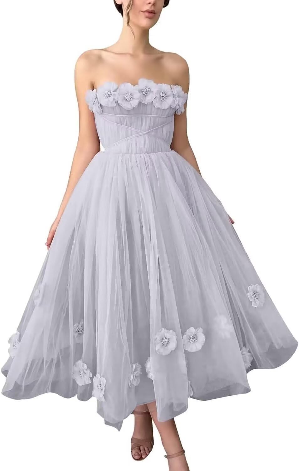 Women's 3D Flower Off Shoulder Tea Length Whimsical Prom Dress, A Line Strapless Tulle Formal Evening Party Gown