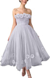 Women's 3D Flower Off Shoulder Tea Length Whimsical Prom Dress, A Line Strapless Tulle Formal Evening Party Gown