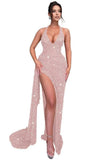 Sparkly Sequin Halter Prom Dresses for Women Mermaid Formal Dress with Slit Backless Ruched Evening Party Gowns
