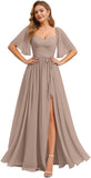 Women's Chiffon Bridesmaid Dresses for Wedding Flutter Sleeves Ruched A Line Long Formal Dress with Slit