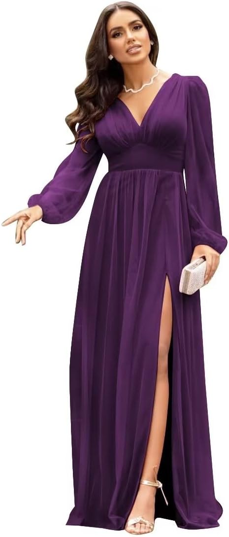 Langärmlige Brautjungfernkleider für Hochzeiten, V-Ausschnitt, formelles Kleid mit Schlitz, Chiffon-Ballkleid
