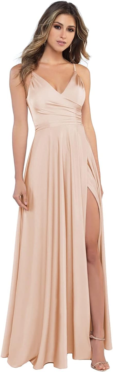 Damen-Brautjungfernkleider aus Satin mit V-Ausschnitt und Schlitz, Spaghettiträgern, formelle Ballkleider mit Taschen 