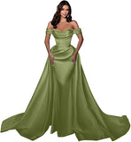 Mermaid Satin Prom Dresses for Women 2027 Long Off Shoulder Ruched Corset Formal Evening Dress Detachable Train